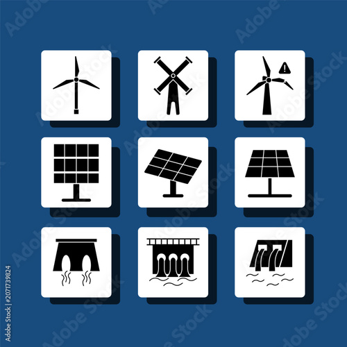 Nine clean energy symbols fill a blue background