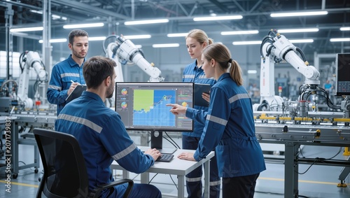 Production engineers monitoring automated assembly line performance on computer screen. Team of technicians supervising robotic arms in modern smart factory.