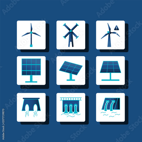 Nine blue energy icons sit on white squares