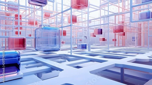 Digital technology floating geometrical elements colorful transparent glass background