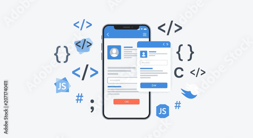 Photography Smartphone displays a user login interface surrounded by various programming language syntax and software development symbols to represent mobile app creation