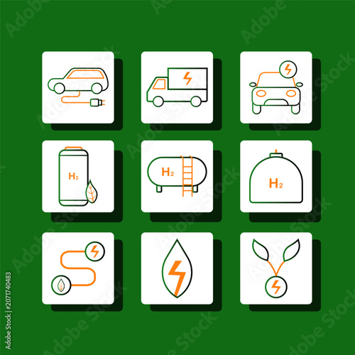 Nine white squares on green background display energy-related icons