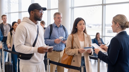 Passengers waiting in line at airport check-in counter. Diverse travelers holding boarding passes and documents while airline staff member assists them in modern terminal.