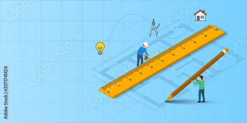 Isometric architectural design and engineering concept: miniature architects and engineers working with ruler and pencil on blueprint graph background. Construction project and creative workflow.