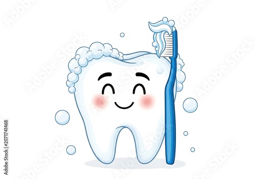 Happy cartoon tooth brushing with toothbrush