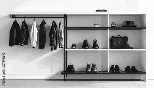 Foto Shoes on a shoe rack shelf.