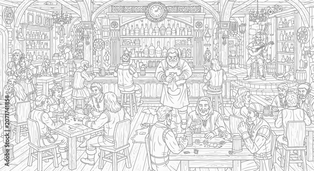 Fototapeta premium Busy medieval tavern interior scene with people line art.