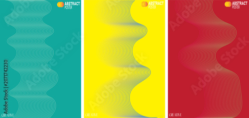 Foto A triptych of abstract poster designs featuring wavy line patterns in green, yel