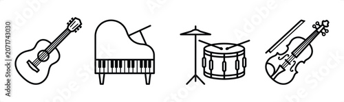 Photography Diverse musical instruments arranged in a line during a clean white background c