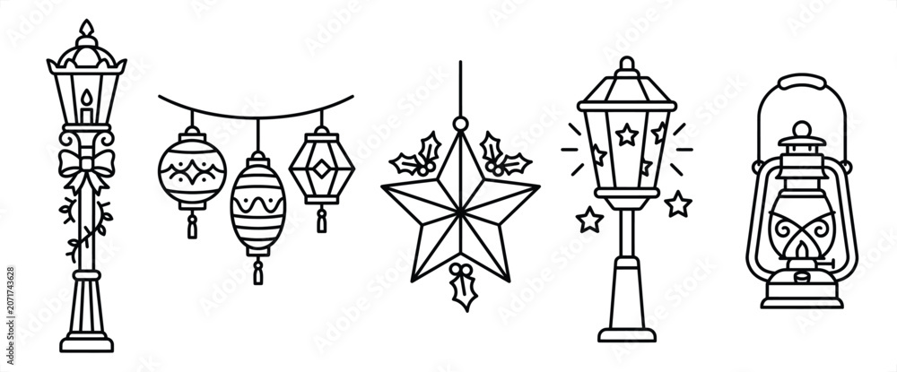 Fototapeta premium Festive lanterns and streetlights with holiday embellishments in a clean vector illustration style