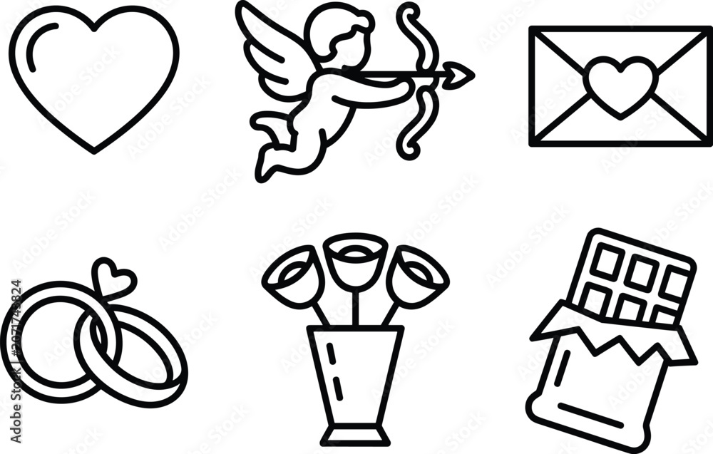 Fototapeta premium Collection of valentines day related line art icons including heart cupid rings flowers chocolate and envelope