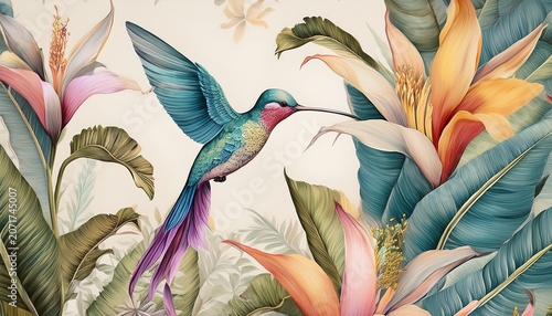 Wallpaper Mural With Hummingbirds Banana Leaves In Pastel Colors Paradise Bird Flowers Seamless Pattern Tropical Background Premium Texture Luxury Hand Painted D Illustration Watercolor Art