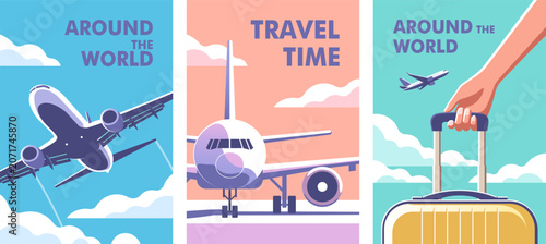 Airplane gaining altitude. Passenger plane parked on the runway. Woman holding a suitcase in her hand close-up. Perfect vetor background on the theme travel.