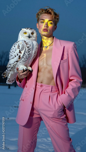 Person in pink suit with owl, striking yellow face paint.