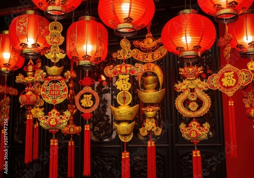 Traditional chinese new year hanging decorations with lanterns and gold ornaments