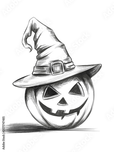 Drawing of a Halloween pumpkin character in a sketching hatching style, on a white background.