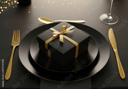Elegant black gift box with gold ribbon on a black plate with cutlery