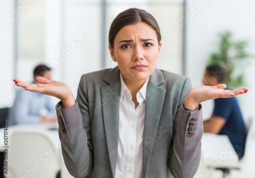 Businesswoman shrugging her shoulders with a confused expression in an office