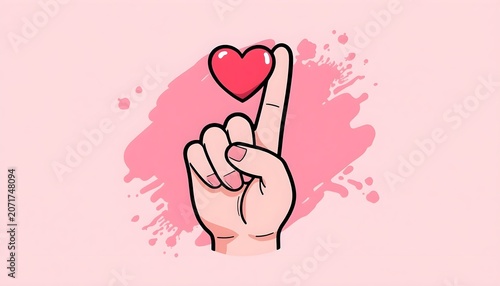 Hand pointing upward with a vibrant red heart shape floating above the finger in a bright pop art style graphic design illustration featuring soft pastel pink paint splash ink background