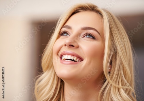 Closeup portrait of a beautiful young blonde woman with a radiant smile looking upwards, expressive facial features and soft natural lighting