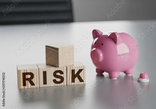 Financial risk management concept with wooden blocks spelling risk and a pink piggy bank on a desk