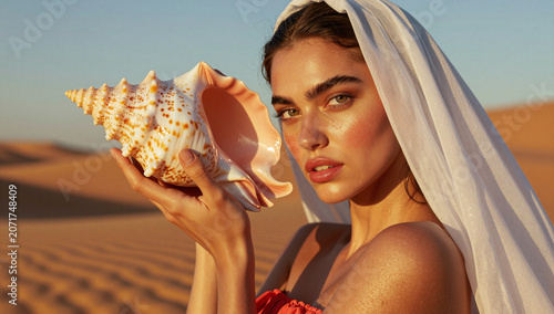 Woman in desert holding a seashell, sunlit portrait.