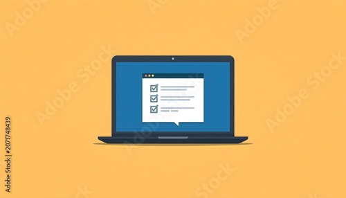 Modern laptop computer displaying a digital survey form with multiple checked boxes on a vibrant yellow background showcasing a clean professional vector illustration style for business and corporate 