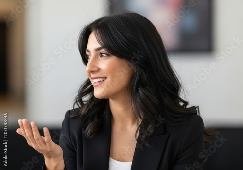 Professional young woman in a black blazer smiling and gesturing while speaking in an office environment