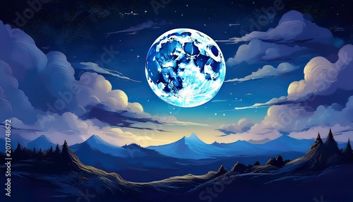 Dramatic Photo Illustration Of A Nighttime Sky With Brightly Lit Clouds And Large Full Blue Moon Would Make A Great Background