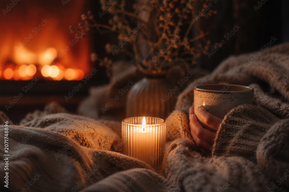 Fototapeta premium Cozy blanket wraps around warm, lit candle