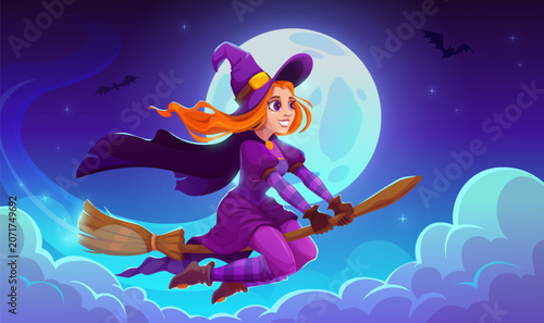 Cuadro en lienzo Cartoon funny Halloween witch character flying on broomstick in night sky with full moon background