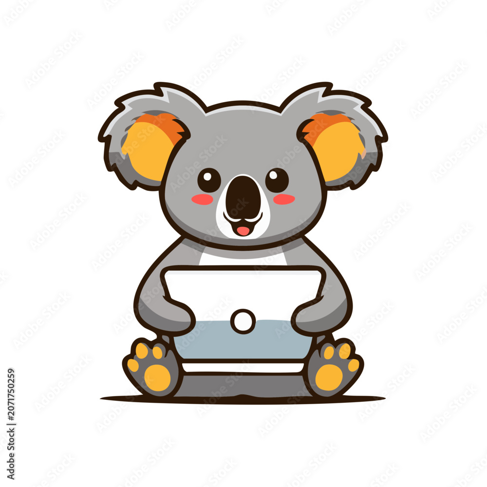 Fototapeta premium Cute cartoon koala using a laptop