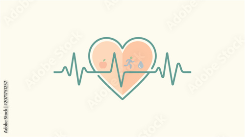 Minimalist 2D flat illustration of a cardiology awareness composition featuring a simplified heartbeat line forming a heart shape