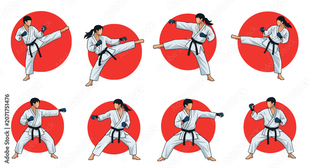 Fototapeta premium Collection of eight karate poses performed by a woman in a white gi with a black belt, set against red circles.