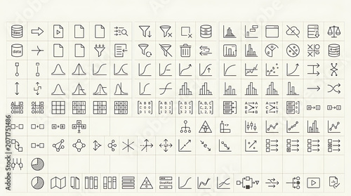 Various icons and symbols arranged on a grid background pattern