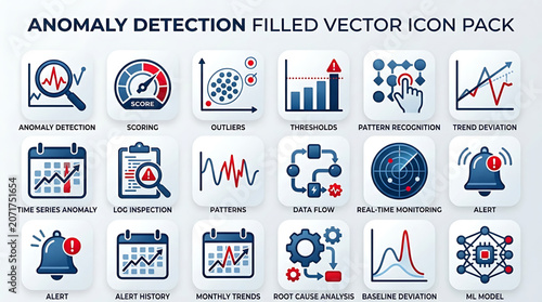 Anomaly detection filled vector icons showcase various monitoring and alert symbols