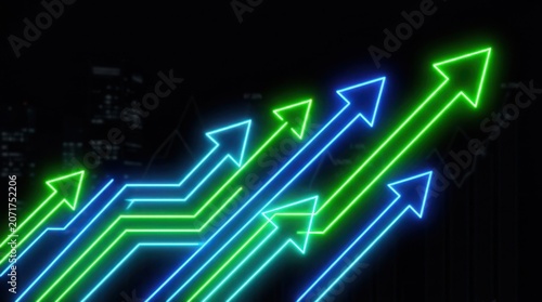 Abstract digital growth arrows rising in multicolored neon lines with technology abstract progress connection information communication velocity