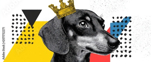Chic collage element halftone dachshund dons a vibrant birthday crown at a lively dog party.