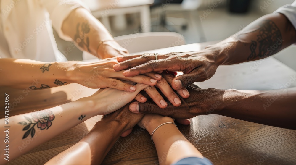 Obraz premium Diverse group of tattooed hands stacked together on a wooden table symbolizing unity and teamwork.
