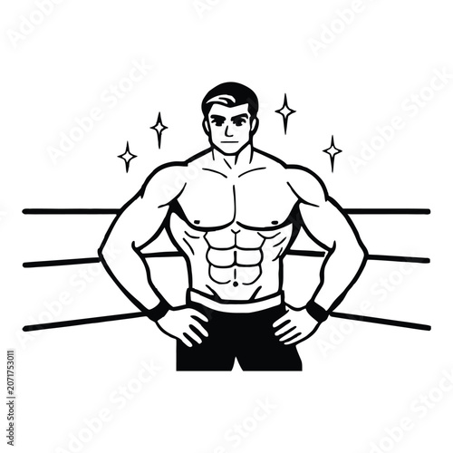 Shirtless muscular man standing confidently beside boxing ring