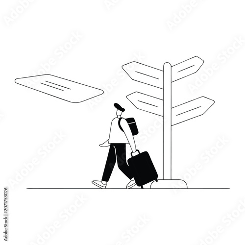 Traveler carrying luggage while following airport directional signs carefully