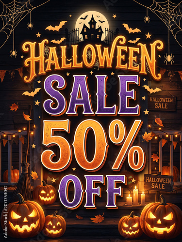 Halloween Sale 50% Off Banner with Pumpkins, Spooky Night Background, Discount Promotion Template