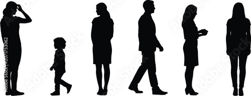 Black people silhouettes set, diverse group of men women and child standing and walking, flat vector human figures for architectural visualization