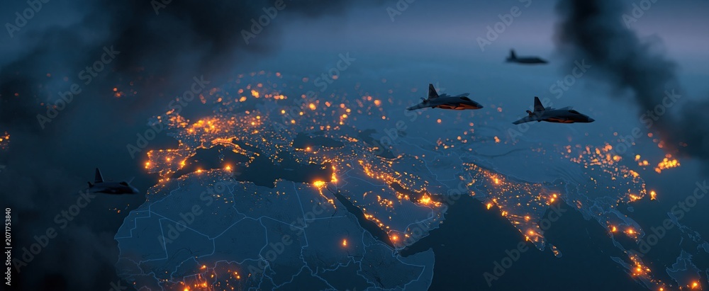 Fototapeta premium Middle East conflict zones highlighted with glowing orange markers and fighter jets against a smoky twilight sky.