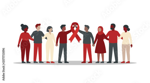 Diverse group of people holding a red AIDS awareness ribbon together.