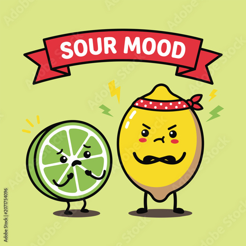 Cute Lemon Cartoon Characters Sour Mood Funny Illustration Set