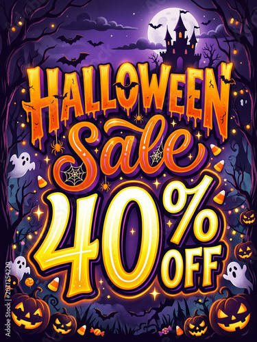 Halloween Sale 40% Off Banner with Pumpkins, Spooky Night Background, Discount Promotion Template