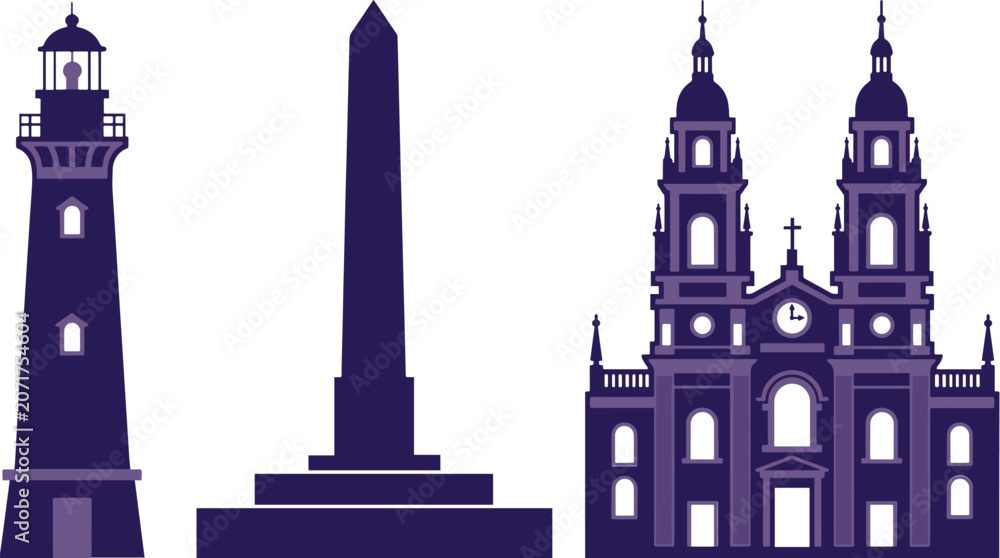 Obraz premium Santiago de Chile landmarks vector illustration silhouettes set, historical city architecture flat graphic design