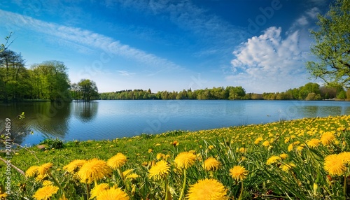 Quiet Lakeside With Blooming Dandelions