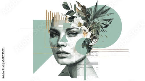 Abstract portrait artwork combines feminine features with geometric shapes and botanical elements